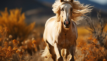 Beautiful horse running freely in a meadow at sunset generated by AI