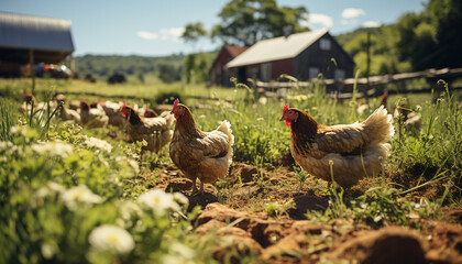 Fototapeta premium Farm scene with chickens grazing in a green meadow generated by AI