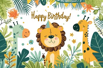Obraz premium adorable lion,zebra,giraffe cartoon characters birthday party for kids vector