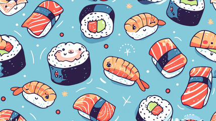 Pattern with cute kawaii emoji sushi cartoon illustration