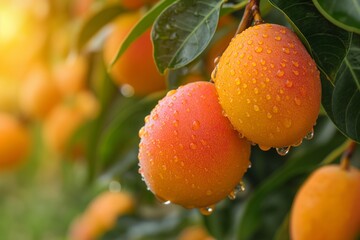 Mango on a tree limb covered in dew on a sunny autumn day
