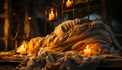 Cozy bedroom, candlelight illuminates, creating a tranquil atmosphere generated by AI