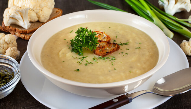 Cream of Cauliflower Soup with Green Herbs and bread; healthy eating; diet