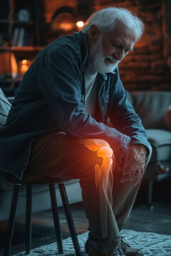 Joint pain, Arthritis and tendon problems. a man touching nee at pain point, on dark background