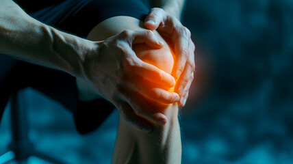 Joint pain, Arthritis and tendon problems. a man touching nee at pain point, on dark background