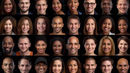 Obraz premium A Hundreds of multiracial people crowd portraits headshots collection, collage mosaic. Many lot of multicultural different male and female smiling faces looking at camera.
