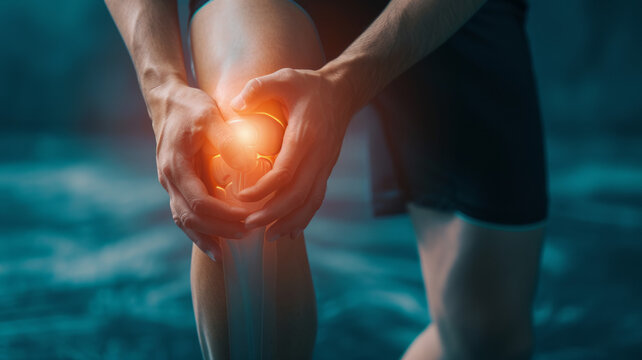 Joint pain, Arthritis and tendon problems. a man touching nee at pain point, on dark background