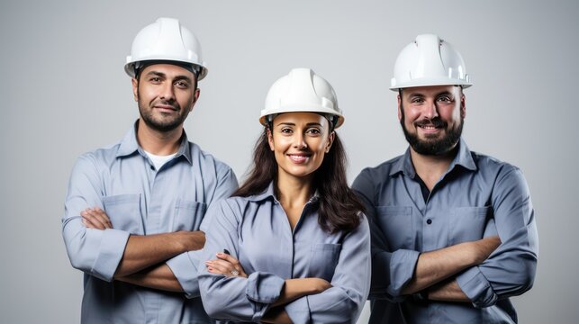 A Confident team of engineers, wearing hard plastic helmets, arms crossed, looking up, white isolated background.