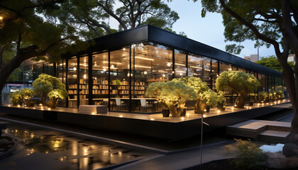 Night illuminates modern architecture outdoors, reflecting dusk on building exteriors generated by AI