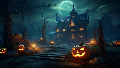 Fototapeta premium halloween pumpkin carved in lighted leaves, generative ai
