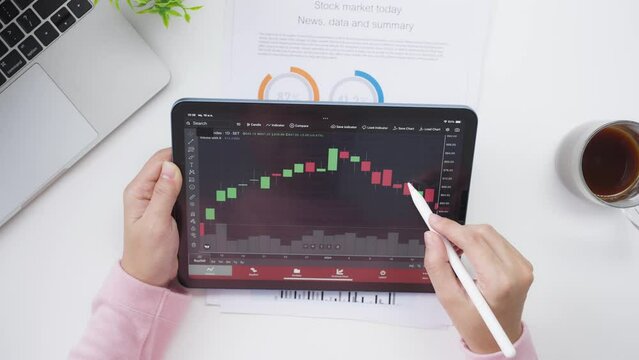 Hands, tablet and woman with stock market review, data analysis for investment, growth and info. Investor, finance expert and software on digital touchscreen, economy and trading.