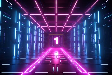 3d rendering, pink blue neon number one, isolated on dark blue background with reflection. Digital sign 1 glowing in ultraviolet light Generative AI