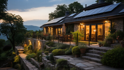 Fototapeta premium Night falls on a modern building, surrounded by nature tranquil beauty generated by AI