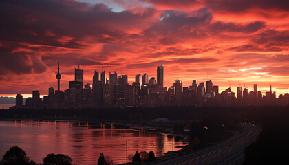 Naklejka premium Cityscape at dusk, skyscrapers silhouette against the illuminated sunset reflection generated by AI