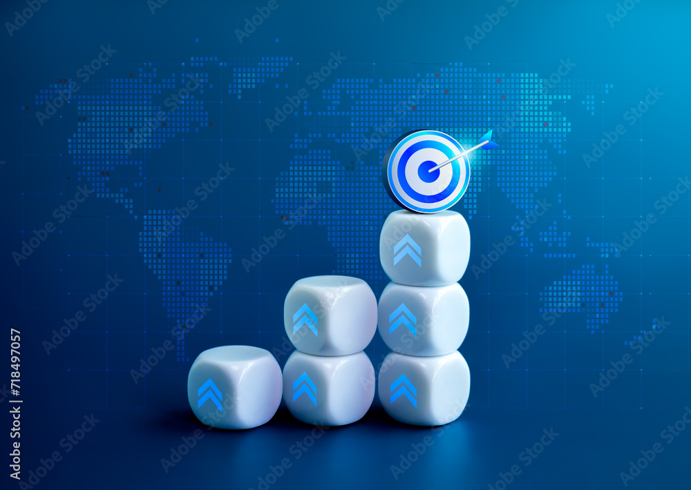 Poster 3d target goal icon on top of business graph steps blocks with rising arrow with digital world map o