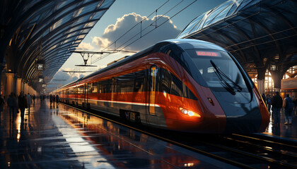 Fototapeta premium Modern subway train speeds through city, illuminating the underground architecture generated by AI