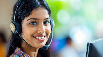 Indian Female customer support Agent phone operator in headset . AI Generated - obrazy, fototapety, plakaty