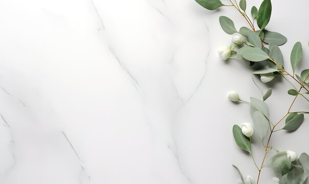 Green leaves in photo on Marble stone. generative AI