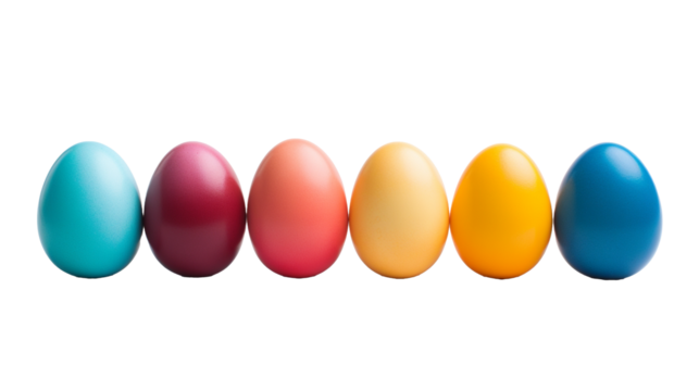 Chicken eggs of different colors lined up.