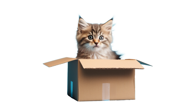 Kitten in carton isolated on white background, transparent png. Concept of getting a pet animal. Innovative AI.