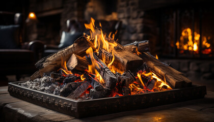 Glowing wood log fire brings warmth and comfort outdoors generated by AI - obrazy, fototapety, plakaty