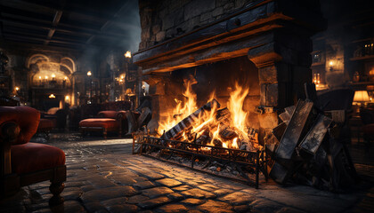 A cozy, ancient living room illuminated by a glowing fireplace generated by AI