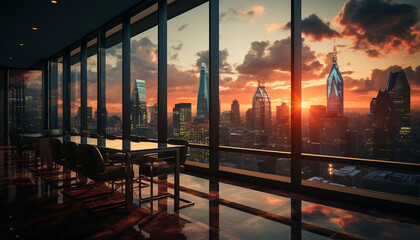 Fototapeta na wymiar Cityscape of modern skyscrapers at dusk, reflecting illuminated windows generated by AI