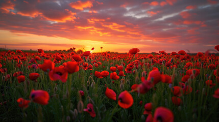 Fototapeta na wymiar Majestic view of a field of poppies at sunset with beautiful sky