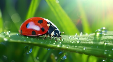 Obraz premium A ladybug on a green leaf with clear water splashes on it. generative AI