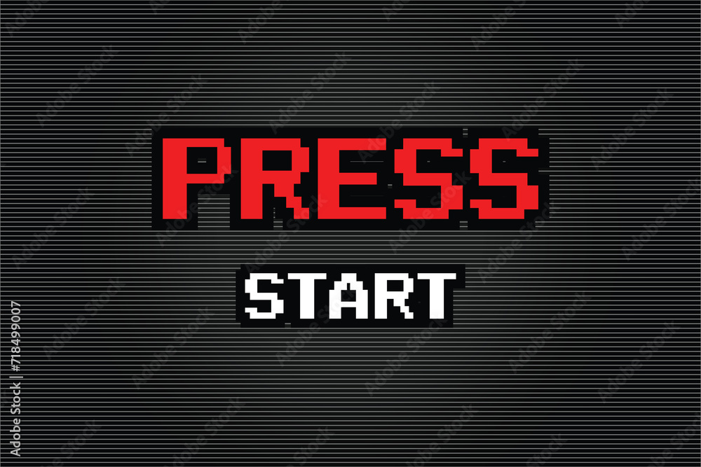 Poster press start. pixel art .8 bit game. retro game. for game assets in vector illustrations.