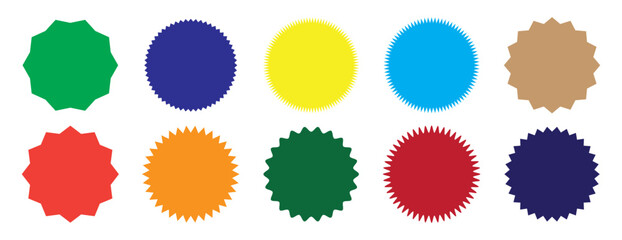 Set of vector starburst, sunburst badges. Ten different color. Simple flat style Vintage labels. Design elements. Colored stickers. A collection of different types and colors icon. eps 10
