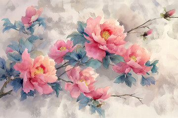 Card Illustration: A beautiful spring scene with blooming flowers on the branches. Displays bright pink flowers of sakura, oleander, and peonies.