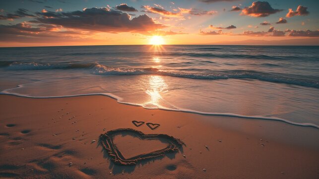 A heart drawn in the sand captures the romantic essence of the beach at sunset.