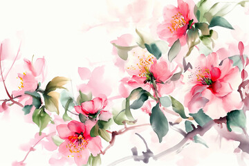 Card Illustration: A beautiful spring scene with blooming flowers on the branches. Displays bright pink flowers of sakura, oleander, and peonies.