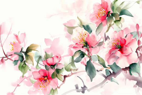 Card Illustration: A beautiful spring scene with blooming flowers on the branches. Displays bright pink flowers of sakura, oleander, and peonies. © VRAYVENUS