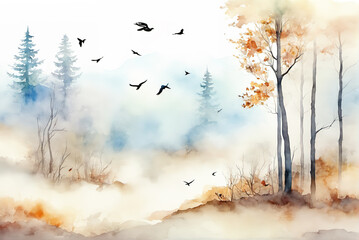 Watercolor painting of autumn forest landscape and flying birds