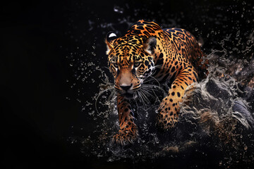 a close up of a leopard in the water with a splash of water on it's face and it's face.