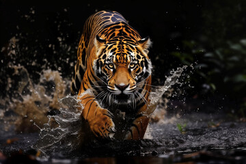 Fototapeta na wymiar a close up of a tiger in the water with a splash of water on it's face and it's face.