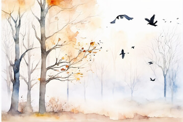 Watercolor painting of autumn forest landscape and flying birds
