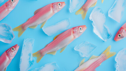 Colorful pattern of fish on pastel pink background. Creative minimal concept.