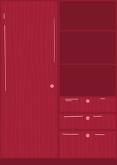 Red wooden wardrobe furniture with drawers vector illustration. Modern cabinet organizer for bedroom interior design.