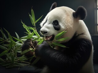 baby panda eating bamboo