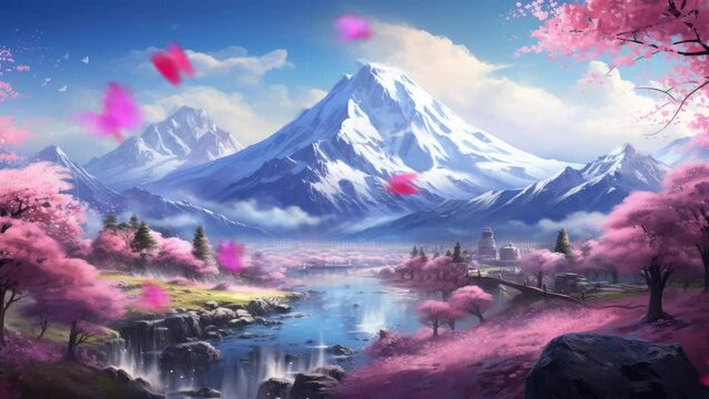 Mountain Majesty: Rivers Flowing Through Cherry Blossom-Adorned Valleys