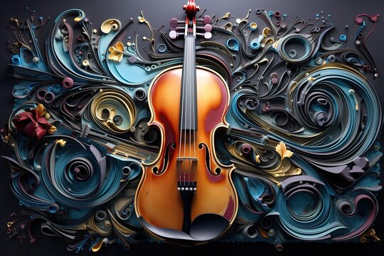 Music Dream series. Composition of violin and abstract colorful paint suitable as a backdrop for the projects on musical instruments, melody, sound, performance arts and creativity Generative AI