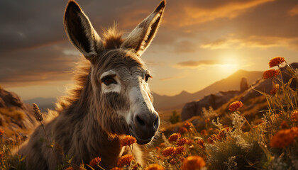 Cute donkey grazing on meadow, enjoying the beautiful sunset generated by AI