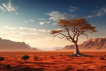 Safari theme. silhouette trees on africa with sunset, silhouette giraffe with sunset background,Dark tree on open field dramatic sunrise.Panorama. Generative AI - obrazy, fototapety, plakaty
