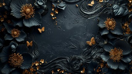 Black Floral Background with Gold Foil Elements and Flowers in the Style of Epic Fantasy Scene Dark Gray and Dark Azure Canvas Abstraction Flowers Background created with Generative AI Technology