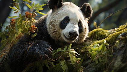 A cute panda sitting on a branch, eating bamboo in nature generated by AI