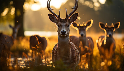Deer grazing in meadow, nature beauty captured at sunset generated by AI