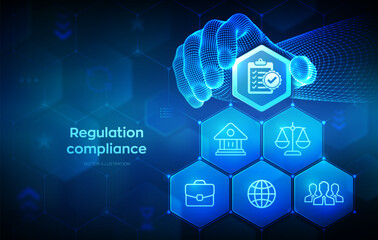 Regulation Compliance financial control technology concept. Compliance rules. Law regulation policy. Wireframe hand places an element into a composition visualizing Reg Tech. Vector illustration. - obrazy, fototapety, plakaty